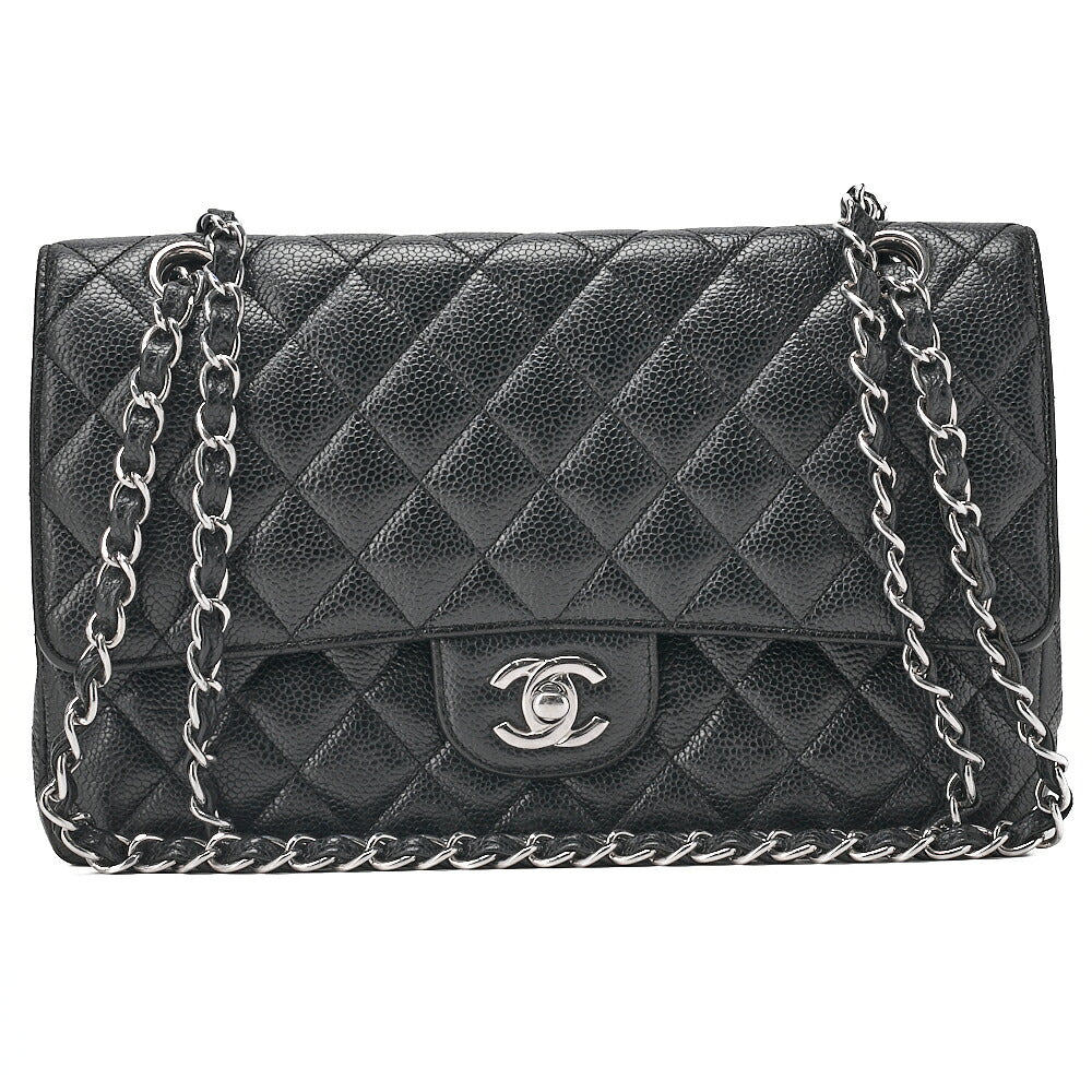 CHANEL Caviar Skin Matelasse 25cm Double Flap Chain Shoulder Black Silver-Tone Hardware, Pre-Owned