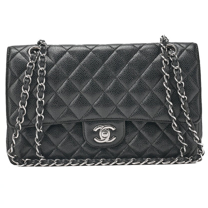 CHANEL Caviar Skin Matelasse 25cm Double Flap Chain Shoulder Black Silver-Tone Hardware, Pre-Owned