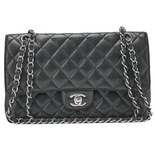 CHANEL Caviar Skin Matelasse 25cm Double Flap Chain Shoulder Black Silver-Tone Hardware, Pre-Owned