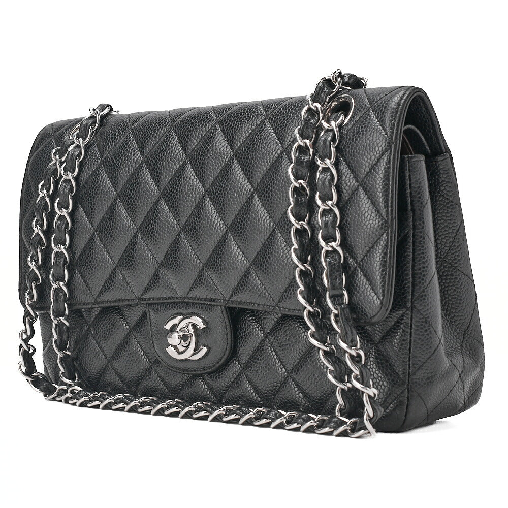CHANEL Caviar Skin Matelasse 25cm Double Flap Chain Shoulder Black Silver-Tone Hardware, Pre-Owned