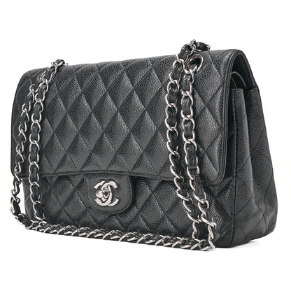 CHANEL Caviar Skin Matelasse 25cm Double Flap Chain Shoulder Black Silver-Tone Hardware, Pre-Owned