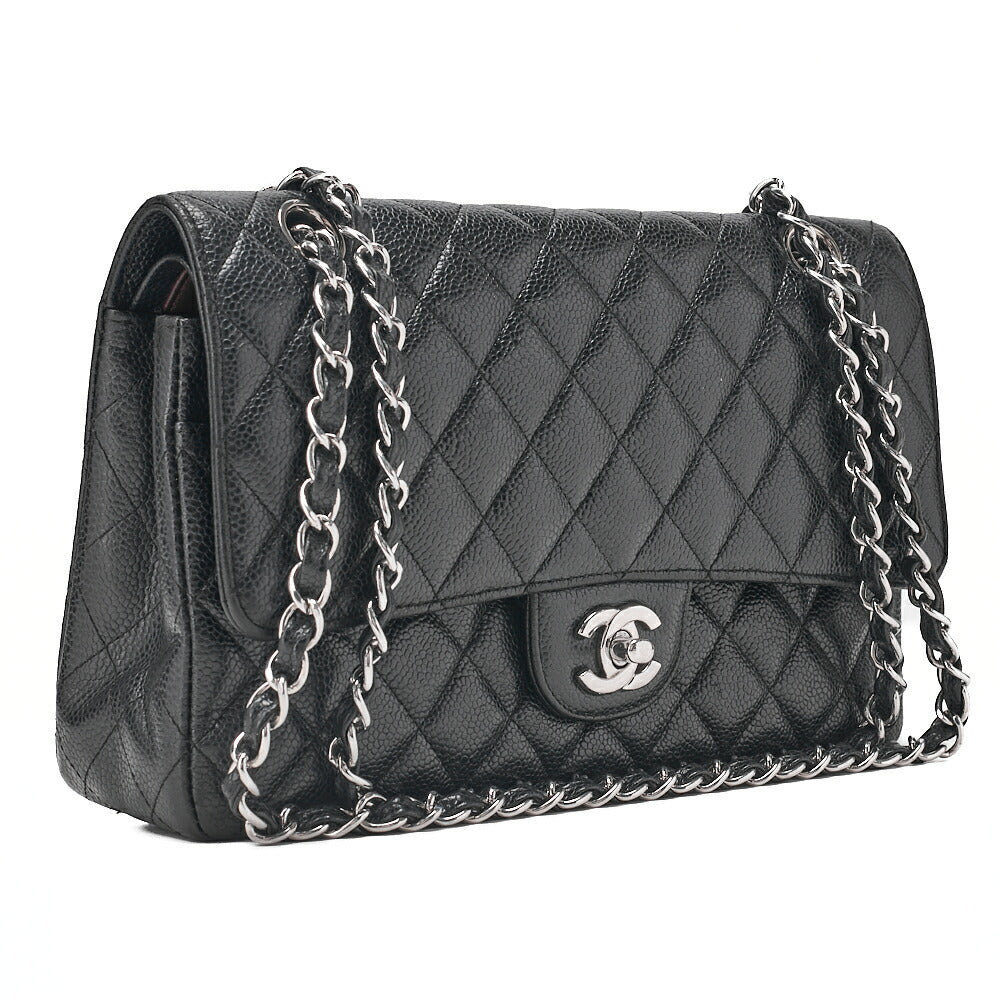 CHANEL Caviar Skin Matelasse 25cm Double Flap Chain Shoulder Black Silver-Tone Hardware, Pre-Owned