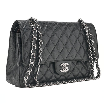 CHANEL Caviar Skin Matelasse 25cm Double Flap Chain Shoulder Black Silver-Tone Hardware, Pre-Owned