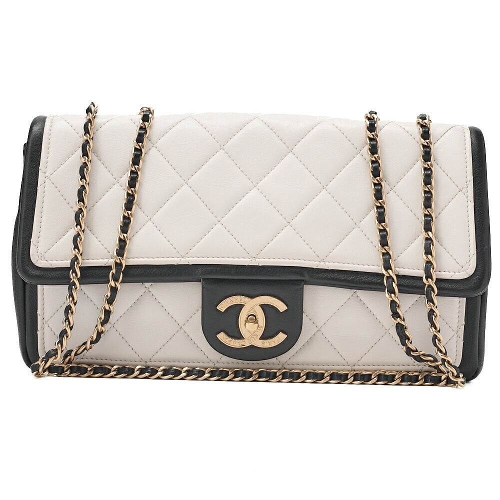 CHANEL Double Che Shoulder Bag Single Flap Matelasse Calfskin Bicolor White x Black Gold-Tone Hardware, Pre-Owned