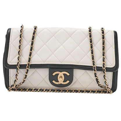 CHANEL Double Che Shoulder Bag Single Flap Matelasse Calfskin Bicolor White x Black Gold-Tone Hardware, Pre-Owned