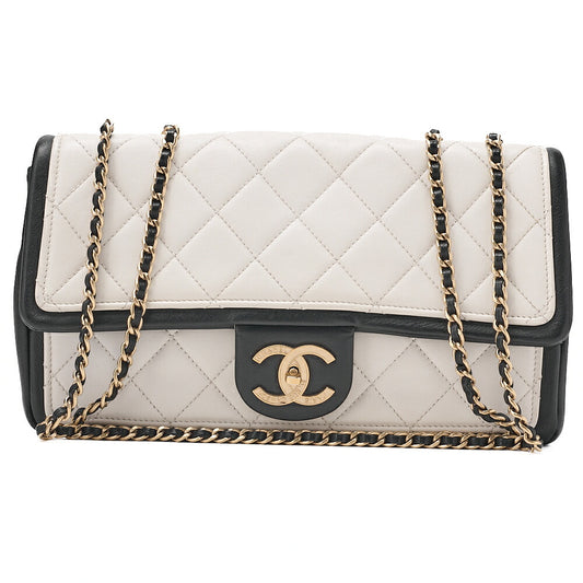 CHANEL Double Che Shoulder Bag Single Flap Matelasse Calfskin Bicolor White x Black Gold-Tone Hardware, Pre-Owned