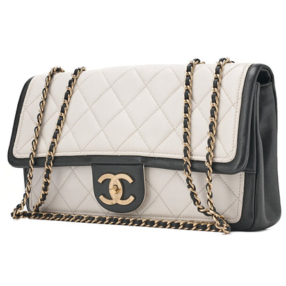 CHANEL Double Che Shoulder Bag Single Flap Matelasse Calfskin Bicolor White x Black Gold-Tone Hardware, Pre-Owned