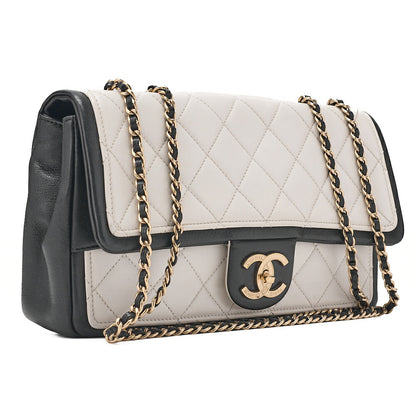 CHANEL Double Che Shoulder Bag Single Flap Matelasse Calfskin Bicolor White x Black Gold-Tone Hardware, Pre-Owned
