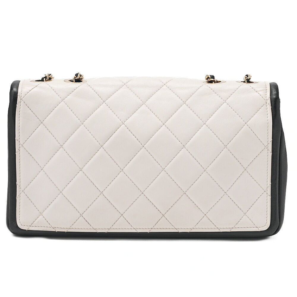 CHANEL Double Che Shoulder Bag Single Flap Matelasse Calfskin Bicolor White x Black Gold-Tone Hardware, Pre-Owned