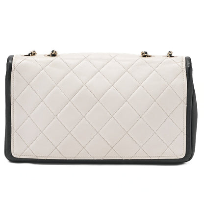 CHANEL Double Che Shoulder Bag Single Flap Matelasse Calfskin Bicolor White x Black Gold-Tone Hardware, Pre-Owned