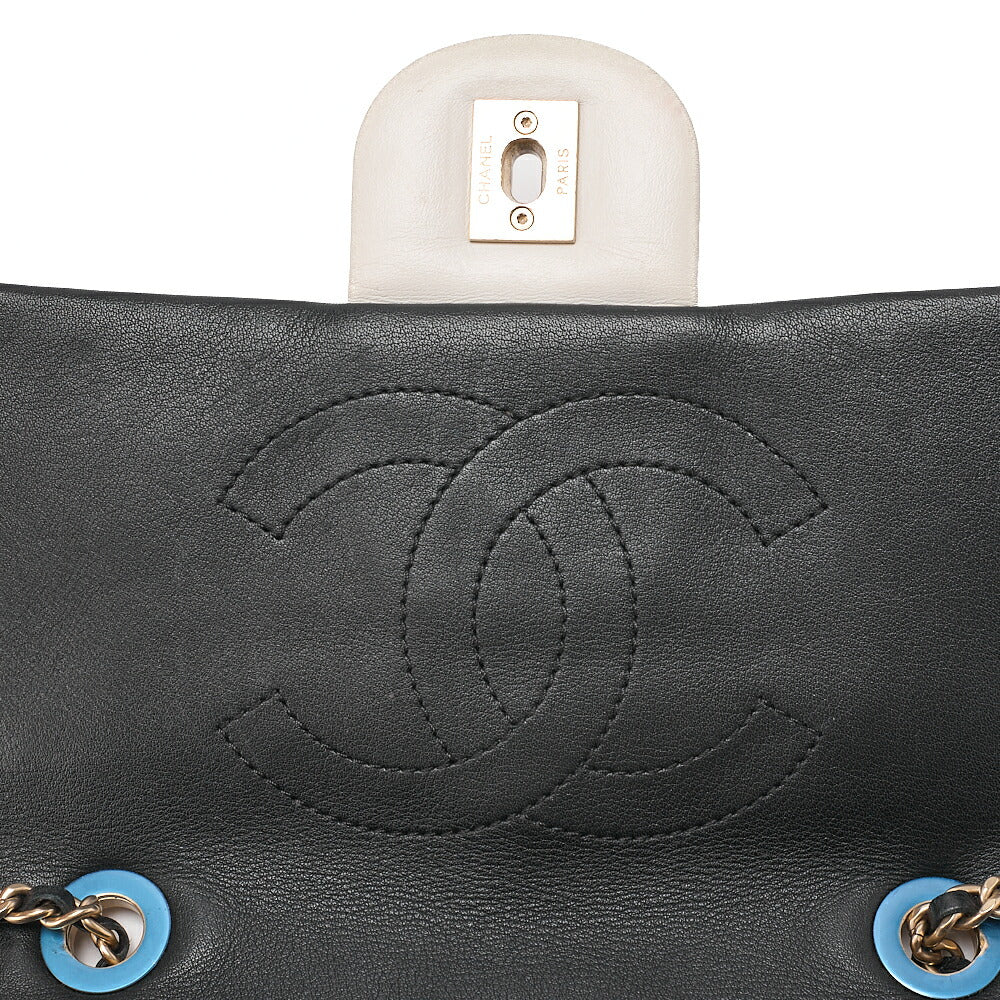 CHANEL Double Che Shoulder Bag Single Flap Matelasse Calfskin Bicolor White x Black Gold-Tone Hardware, Pre-Owned