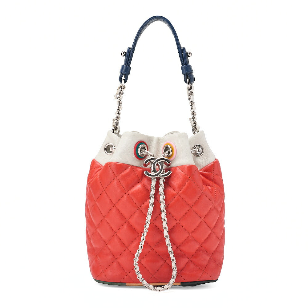 CHANEL Calfskin Matelasse Drawstring Chain Handbag Red ｘBicolor Silver-Tone Hardware, Pre-Owned