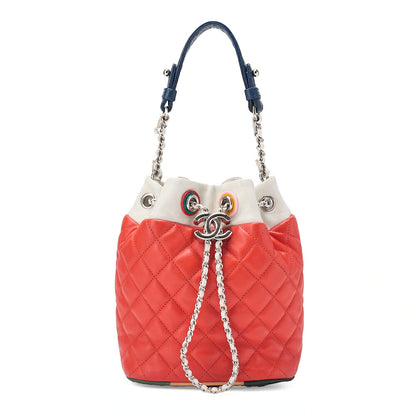 CHANEL Calfskin Matelasse Drawstring Chain Handbag Red ｘBicolor Silver-Tone Hardware, Pre-Owned