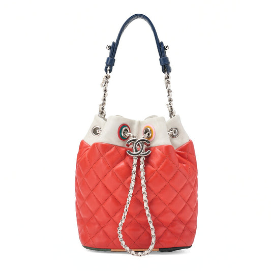 CHANEL Calfskin Matelasse Drawstring Chain Handbag Red ｘBicolor Silver-Tone Hardware, Pre-Owned