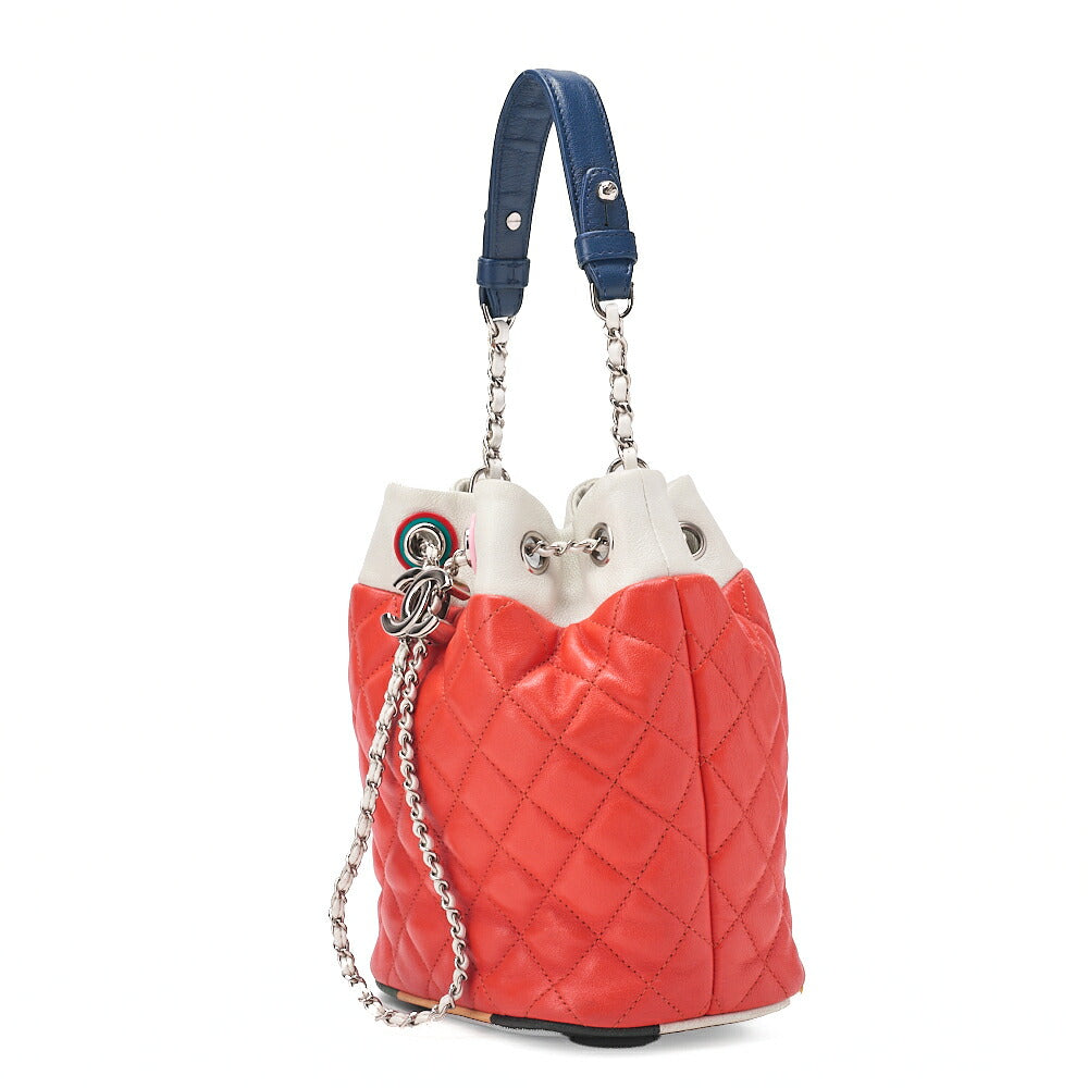 CHANEL Calfskin Matelasse Drawstring Chain Handbag Red ｘBicolor Silver-Tone Hardware, Pre-Owned