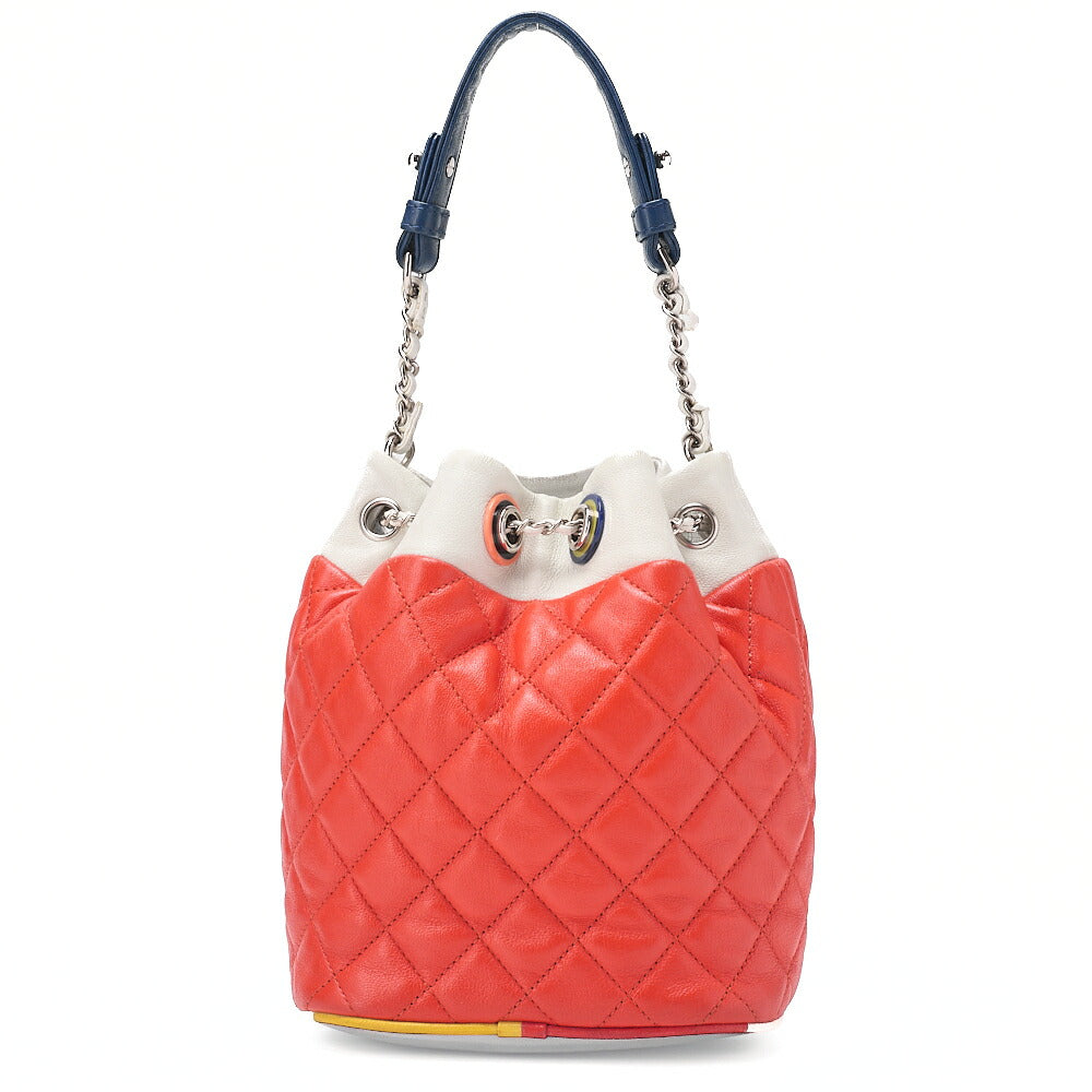 CHANEL Calfskin Matelasse Drawstring Chain Handbag Red ｘBicolor Silver-Tone Hardware, Pre-Owned