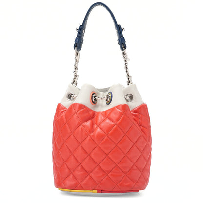 CHANEL Calfskin Matelasse Drawstring Chain Handbag Red ｘBicolor Silver-Tone Hardware, Pre-Owned