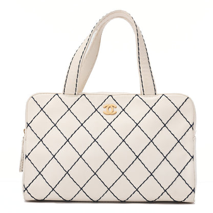 CHANEL Coco Mark Wild Stitch Handbag Calfskin White Gold-Tone Hardware, Pre-Owned