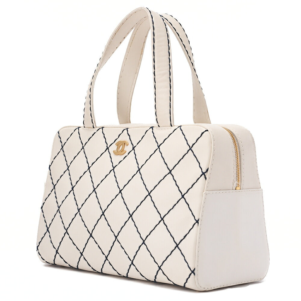 CHANEL Coco Mark Wild Stitch Handbag Calfskin White Gold-Tone Hardware, Pre-Owned