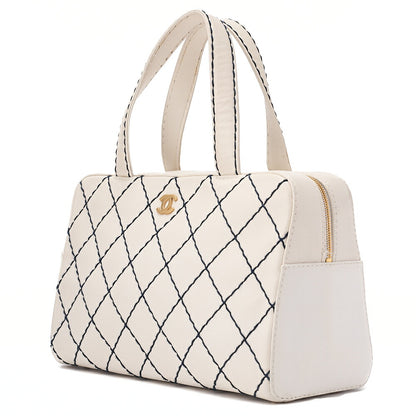 CHANEL Coco Mark Wild Stitch Handbag Calfskin White Gold-Tone Hardware, Pre-Owned