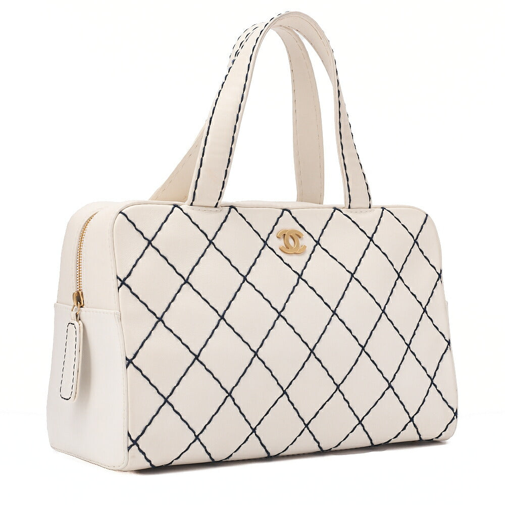CHANEL Coco Mark Wild Stitch Handbag Calfskin White Gold-Tone Hardware, Pre-Owned