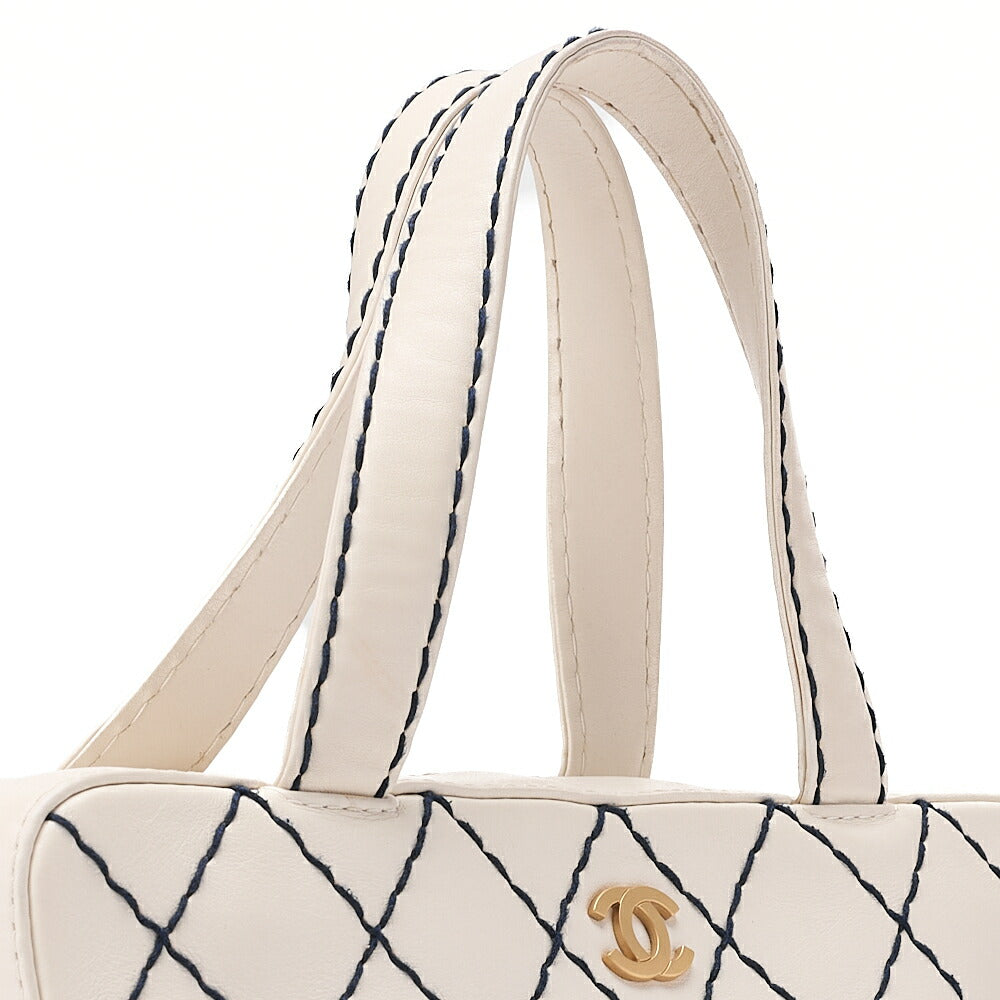 CHANEL Coco Mark Wild Stitch Handbag Calfskin White Gold-Tone