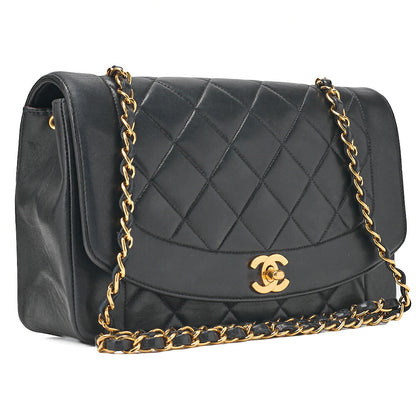 CHANEL Lambskin Matelasse Diana Flap Chain Shoulder Black Gold-Tone Hardware, Pre-Owned