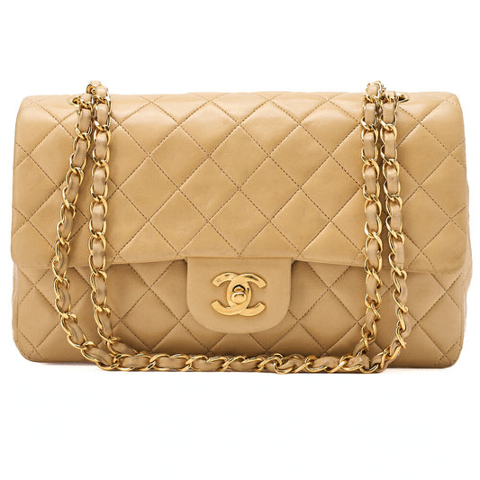 CHANEL Lambskin Matelasse 25cm Double Flap Chain Shoulder Beige Gold-Tone Hardware, Pre-Owned