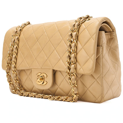 CHANEL Lambskin Matelasse 25cm Double Flap Chain Shoulder Beige Gold-Tone Hardware, Pre-Owned