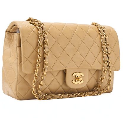 CHANEL Lambskin Matelasse 25cm Double Flap Chain Shoulder Beige Gold-Tone Hardware, Pre-Owned