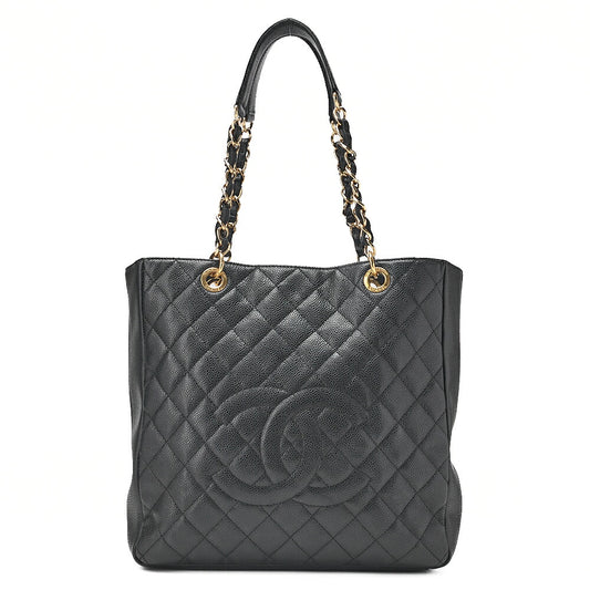CHANEL Caviar Skin Matelasse PST Double Chain Shoulder Black Gold-Tone Hardware, Pre-Owned