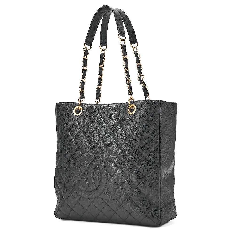 CHANEL Caviar Skin Matelasse PST Double Chain Shoulder Black Gold-Tone Hardware, Pre-Owned