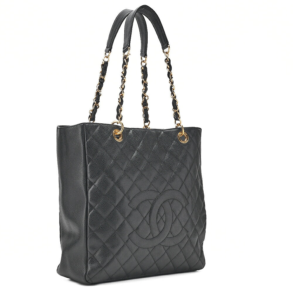 CHANEL Caviar Skin Matelasse PST Double Chain Shoulder Black Gold-Tone Hardware, Pre-Owned
