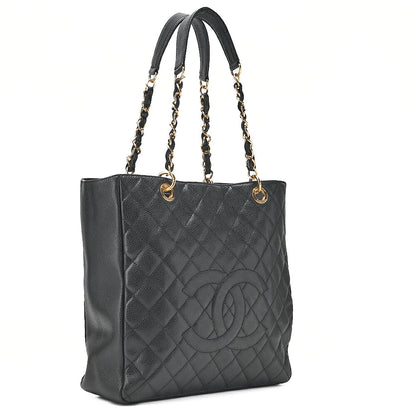 CHANEL Caviar Skin Matelasse PST Double Chain Shoulder Black Gold-Tone Hardware, Pre-Owned