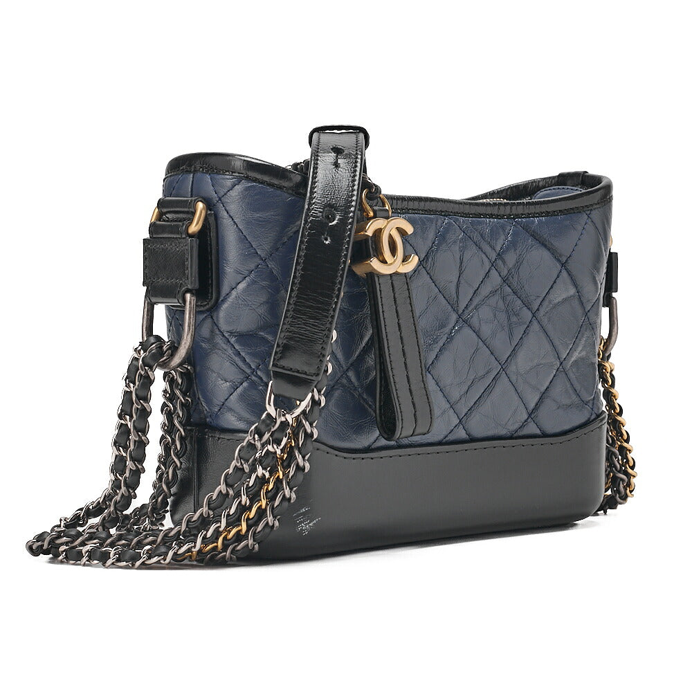 CHANEL Vintage Calf Gabrielle du Chanel Chain Shoulder Black X Navy Gold x Silver-Tone Hardware, Pre-Owned