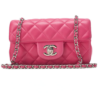 CHANEL Lambskin Mini Matelasse 17cm Single Flap Chain Shoulder Bag Pink Silver-Tone Hardware, Pre-Owned