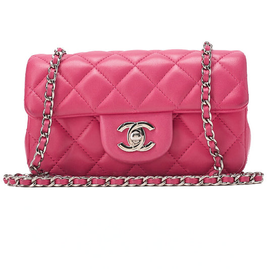 CHANEL Lambskin Mini Matelasse 17cm Single Flap Chain Shoulder Bag Pink Silver-Tone Hardware, Pre-Owned