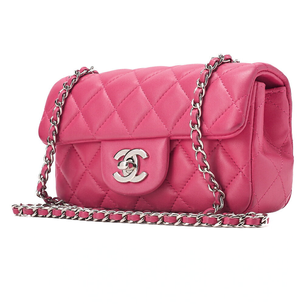 CHANEL Lambskin Mini Matelasse 17cm Single Flap Chain Shoulder Bag Pink Silver-Tone Hardware, Pre-Owned