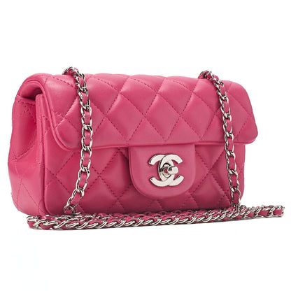 CHANEL Lambskin Mini Matelasse 17cm Single Flap Chain Shoulder Bag Pink Silver-Tone Hardware, Pre-Owned