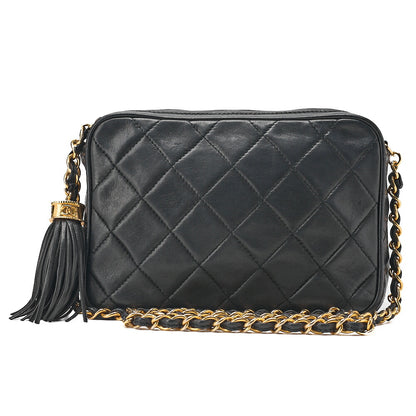 CHANEL Lambskin Matelasse with Fringe Chain Shoulder Black Gold-Tone Hardware, Pre-Owned