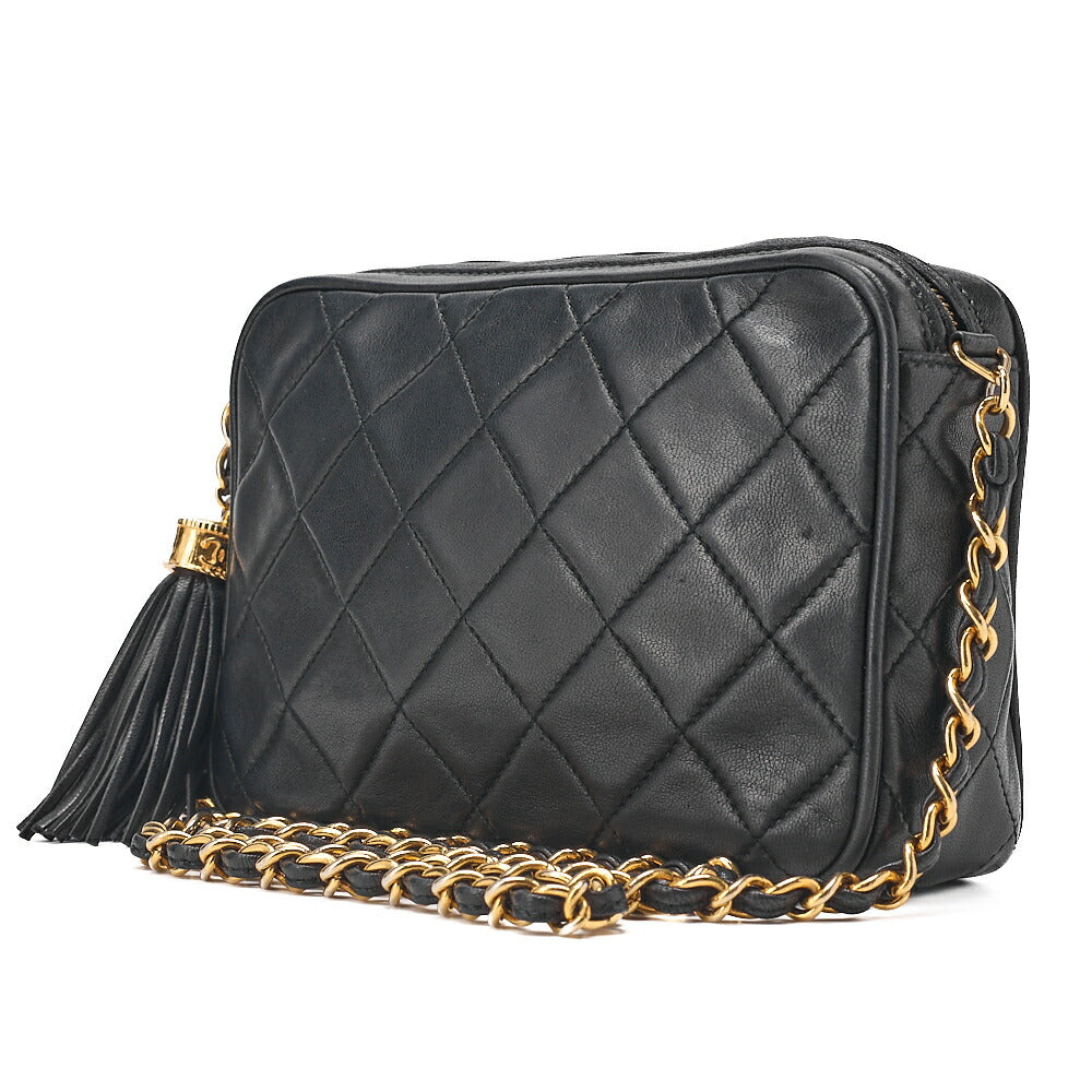 CHANEL Lambskin Matelasse with Fringe Chain Shoulder Black Gold-Tone Hardware, Pre-Owned