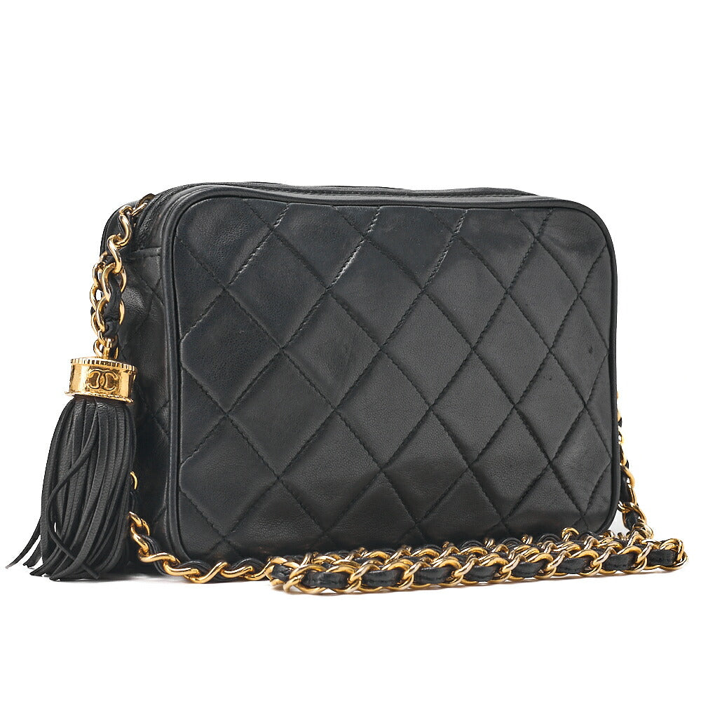 CHANEL Lambskin Matelasse with Fringe Chain Shoulder Black Gold-Tone Hardware, Pre-Owned