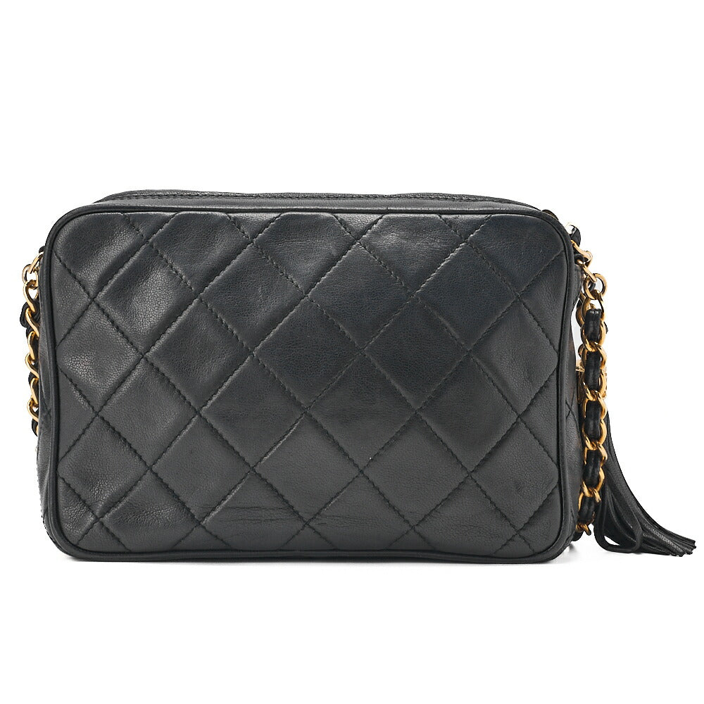 CHANEL Lambskin Matelasse with Fringe Chain Shoulder Black Gold-Tone Hardware, Pre-Owned