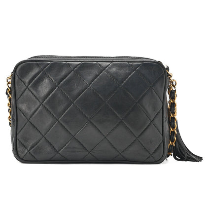CHANEL Lambskin Matelasse with Fringe Chain Shoulder Black Gold-Tone Hardware, Pre-Owned