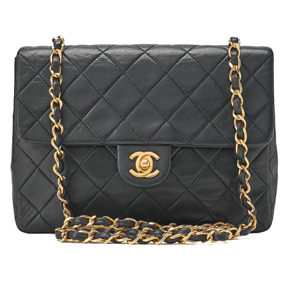 CHANEL Lambskin Mini Matelasse 20cm Single Flap Chain Shoulder Bag Black Gold-Tone Hardware, Pre-Owned