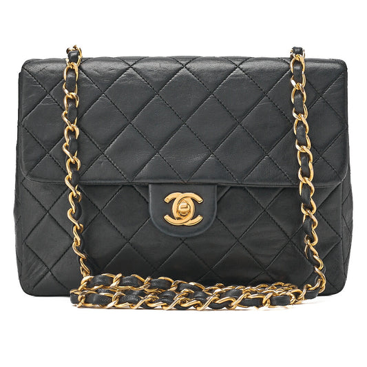CHANEL Lambskin Mini Matelasse 20cm Single Flap Chain Shoulder Bag Black Gold-Tone Hardware, Pre-Owned