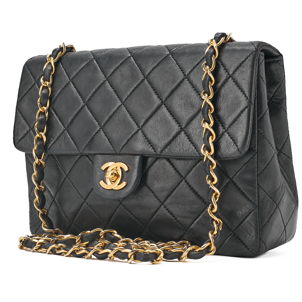 CHANEL Lambskin Mini Matelasse 20cm Single Flap Chain Shoulder Bag Black Gold-Tone Hardware, Pre-Owned