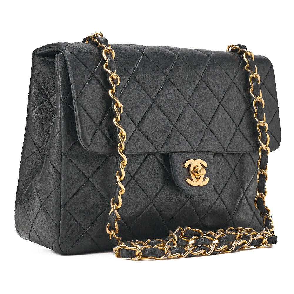 CHANEL Lambskin Mini Matelasse 20cm Single Flap Chain Shoulder Bag Black Gold-Tone Hardware, Pre-Owned