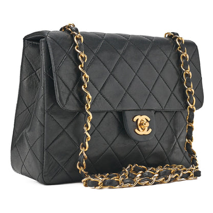 CHANEL Lambskin Mini Matelasse 20cm Single Flap Chain Shoulder Bag Black Gold-Tone Hardware, Pre-Owned