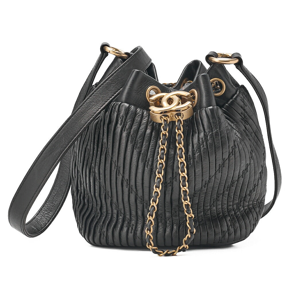 CHANEL Lambskin V-Stitch Drawstring Shoulder Bag Black Gold-Tone Hardware, Pre-Owned